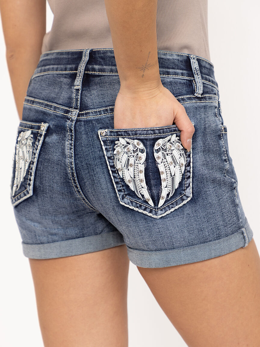 Women's Medium Dark Wash Mid Rise Wing Embellished Cuffed Shortie
