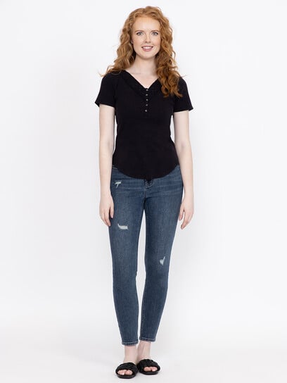 Women's Washed Ribbed Henley Tee Women's Washed Ribbed Henley Tee