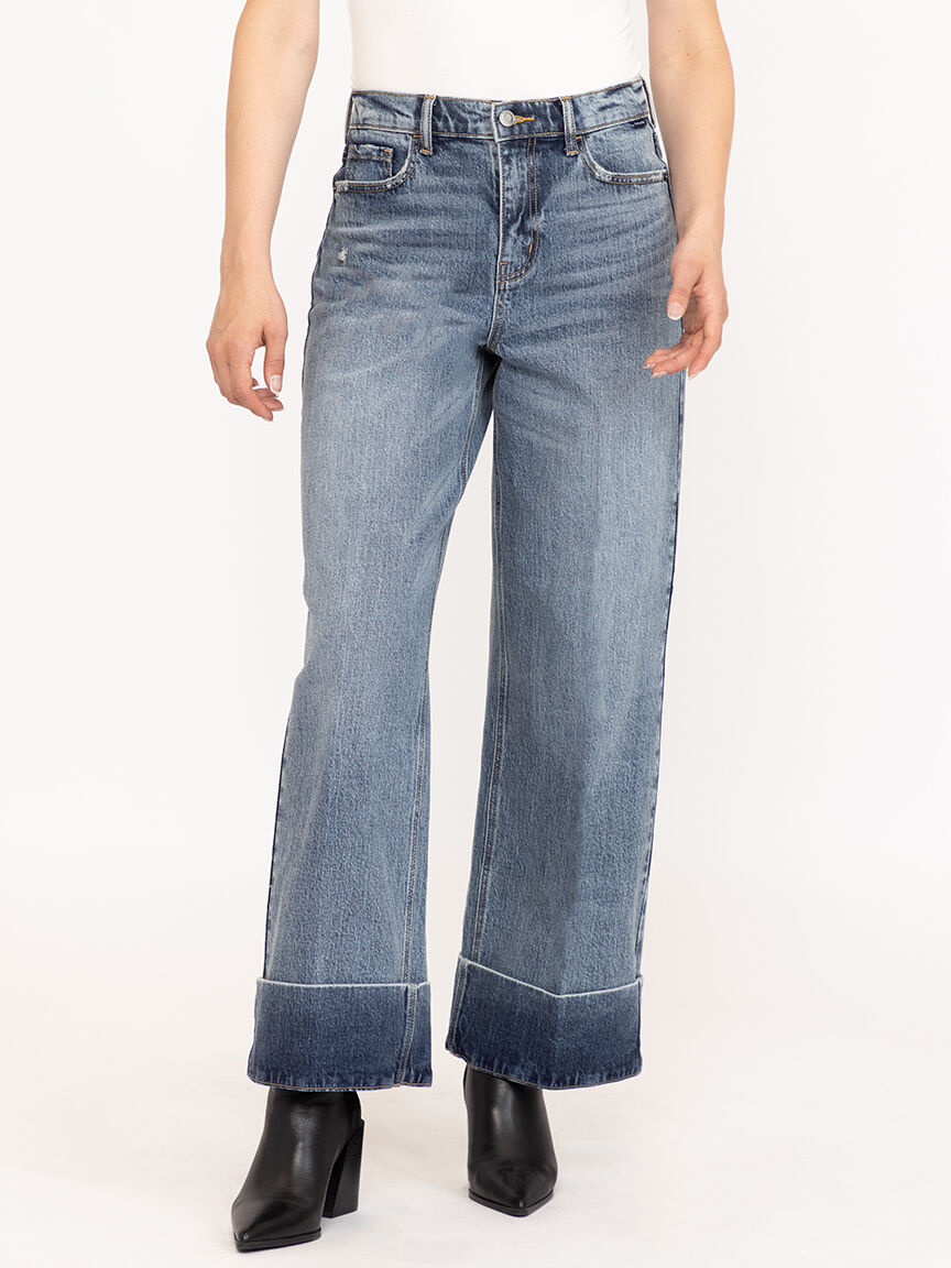 Women's Medium Wash Self High Hem High Rise Wide Leg Jeans