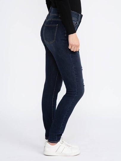 Women's Dark Wash 2 Button Rip & Repair Skinny Jeans Women's Dark Wash 2 Button Rip & Repair Skinny Jeans