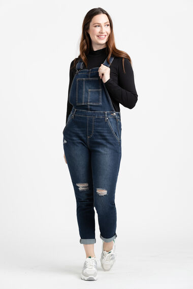 Women's Destroyed Slim Cuffed Overall Jeans Image 2