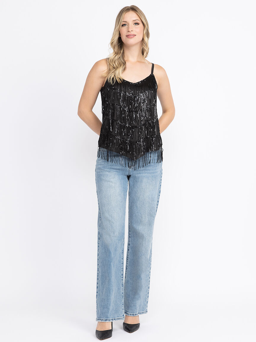 Women's Sequin Fringe Strappy Tank Top