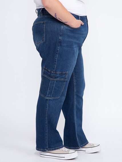 Women's Plus Dark Wash High Rise Drapey Wide Leg Cargo Jeans Women's Plus Dark Wash High Rise Drapey Wide Leg Cargo Jeans Image 3
