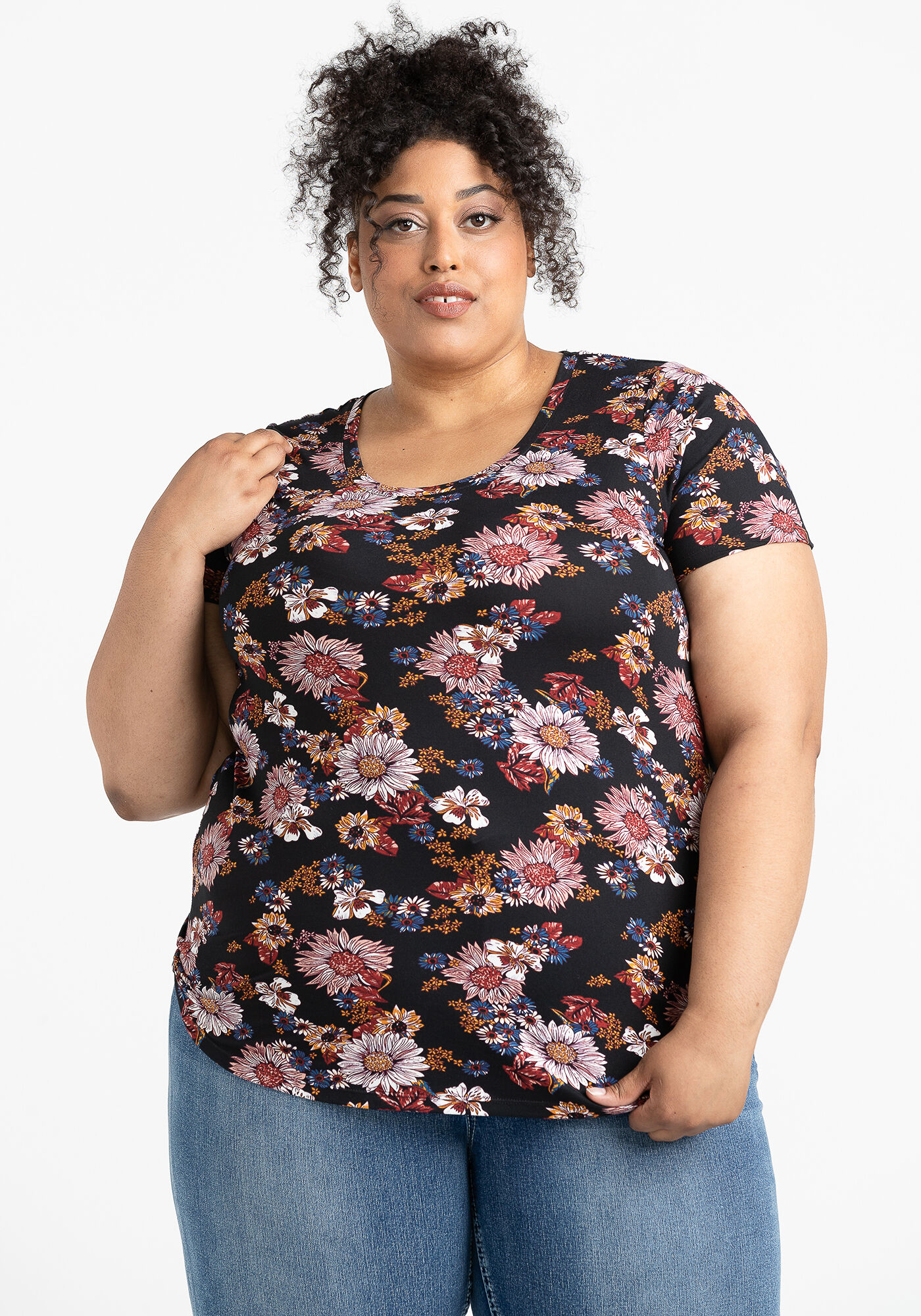 Scoop Neck Tee with Steer Head, Cross, and Feather Details