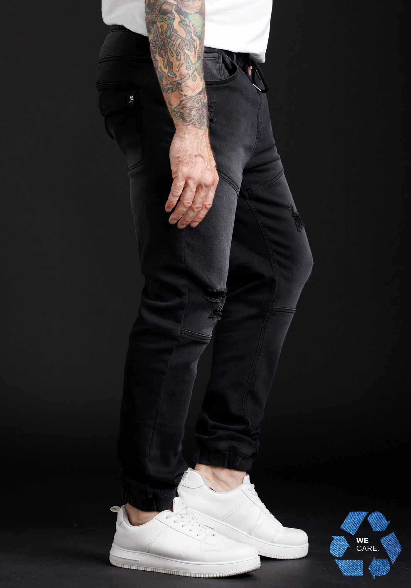 ◇SLOW RECORD HOUSE◇ Brush washed denim jogger pants black Men's Destroyed Knit Denim Jogger Warehouse One