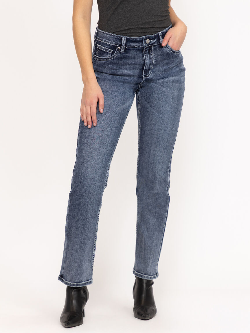 Women's Medium Dark Wash Cross Embellished Straight Leg Jeans