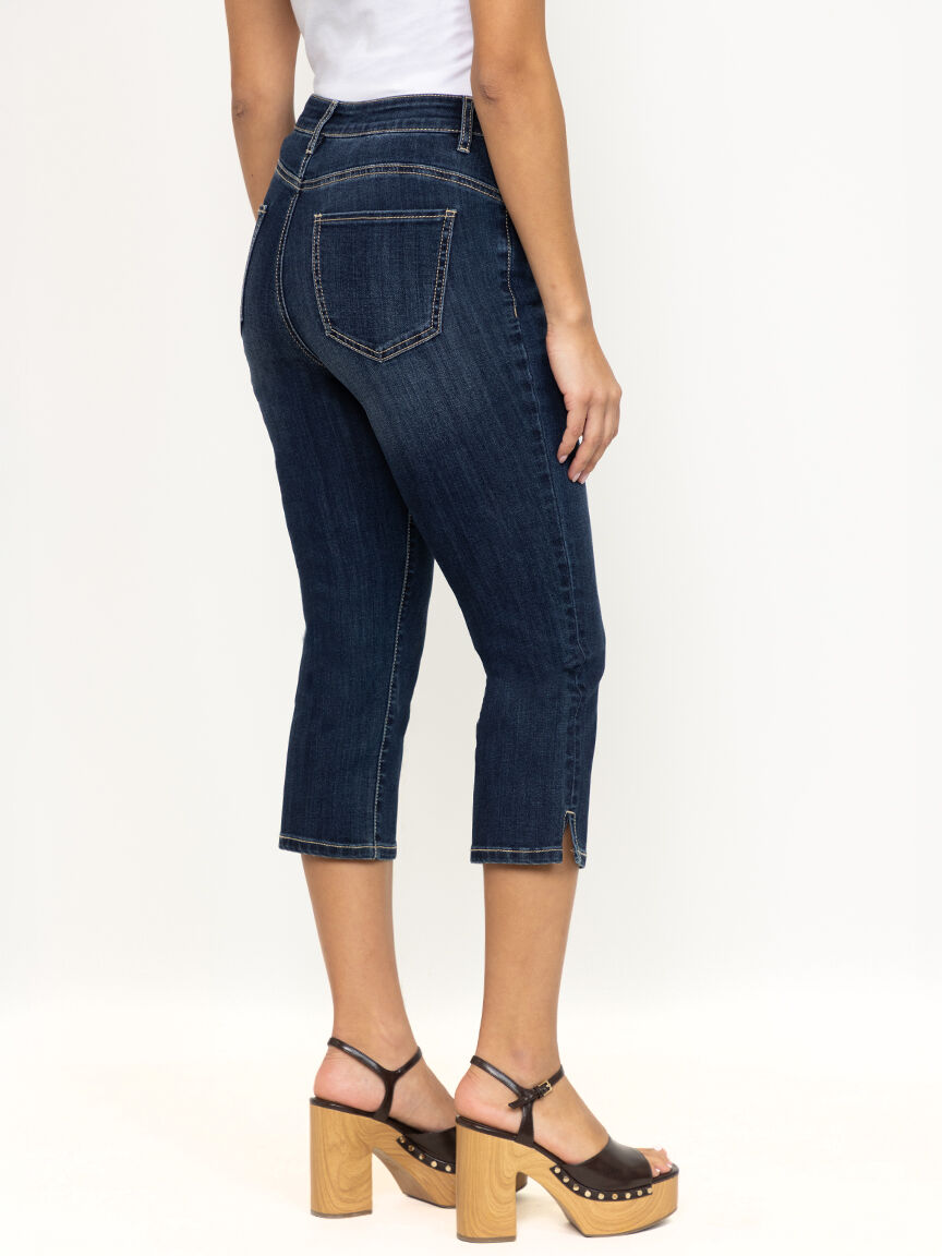 Women's Side Slit Hem Dark Wash Jean Capri