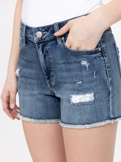 Women's Medium Wash Frayed Hem Shortie with Crochet Lace Insert Women's Medium Wash Frayed Hem Shortie with Crochet Lace Insert