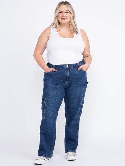 Women's Plus Dark Wash High Rise Drapey Wide Leg Cargo Jeans Women's Plus Dark Wash High Rise Drapey Wide Leg Cargo Jeans Image 1