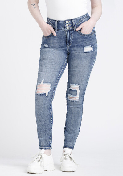 Women's 3 Button High Rise Destroyed Skinny Jeans Image 1