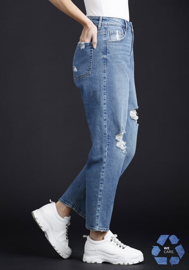 Women's High Rise Destroyed Stretch Mom Jean
