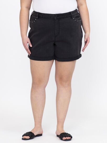 Women's High Rise Black Midi Short With Studs Women's High Rise Black Midi Short With Studs