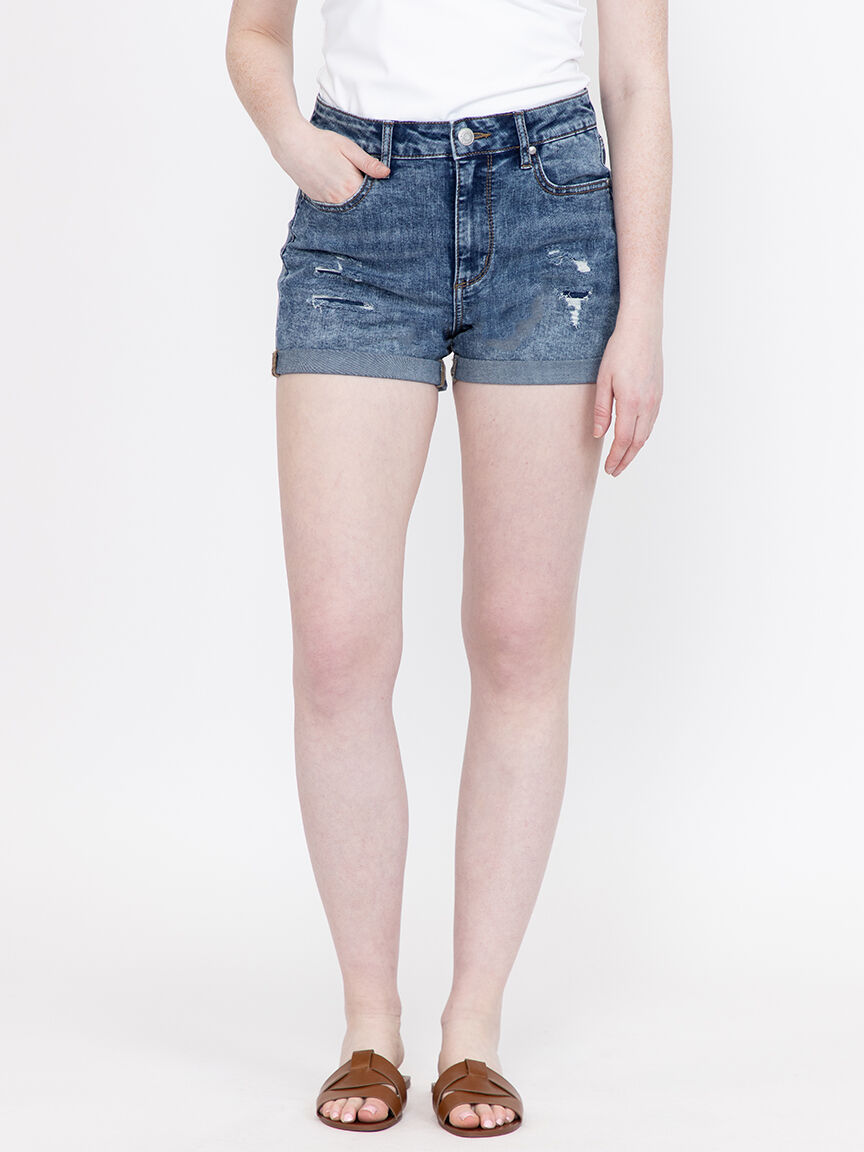 Women's High Rise Rip & Repair Medium Wash Cuffed Shortie