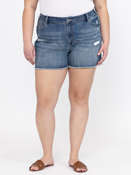 Women's Plus Medium Wash Frayed Hem Shortie with Crochet Lace Insert Women's Plus Medium Wash Frayed Hem Shortie with Crochet Lace Insert Image 2