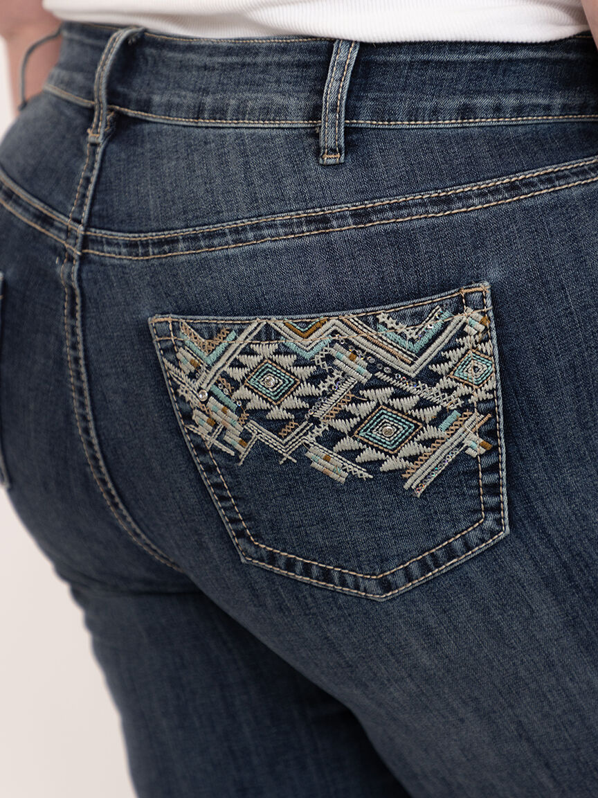 Women's Plus Medium Dark Wash Geo Embroidered Straight Jeans
