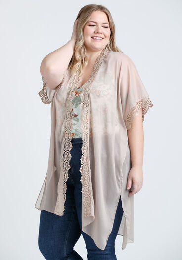 Women's Crinkle Wrap With Crochet Trim, TAUPE