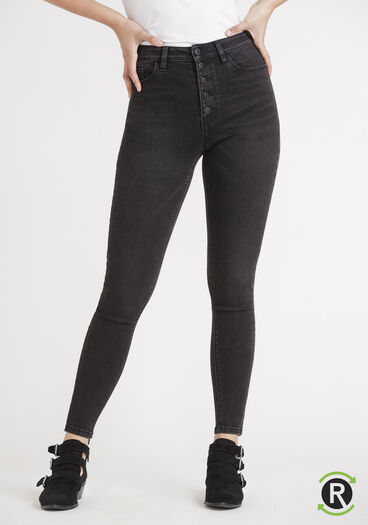 Women's REPREVE® Black High Rise Exposed Button Skinny Jeans, BLACK