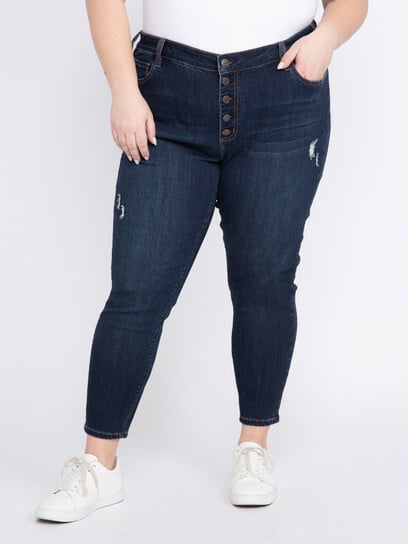 Women's Plus Exposed Button Destroyed Ankle Skinny Jeans