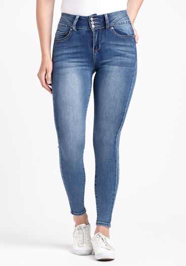 Women’s 3 Button High Rise Skinny Jeans, MEDIUM WASH