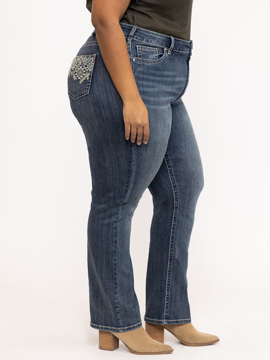 Women's Plus Medium Dark Wash Geo Embroidered Straight Jeans