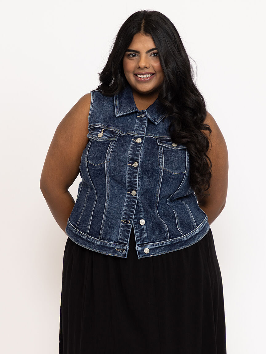Women's Dark Wash Cropped Denim Vest With Collar