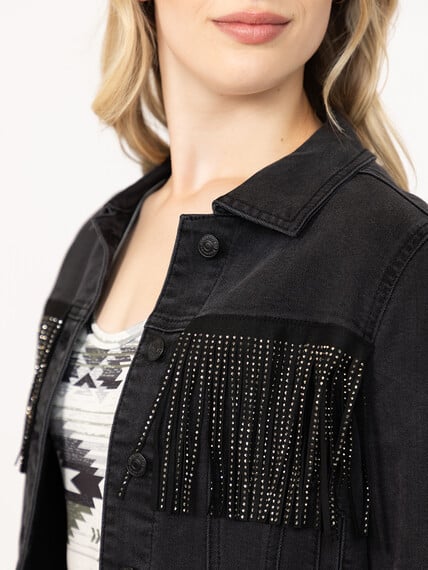 Womens Rhinestone Fringe Black Cropped Denim Jacket Womens Rhinestone Fringe Black Cropped Denim Jacket Image 5