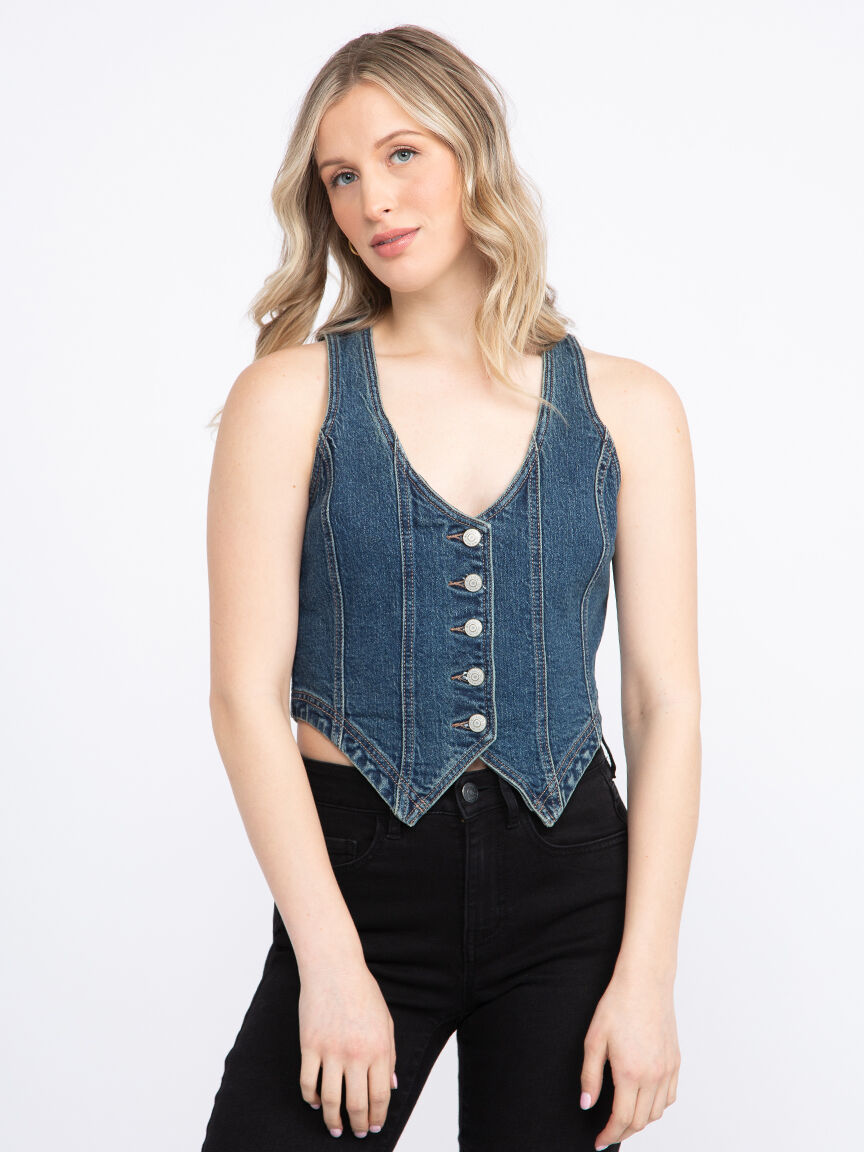 Women's V-neck Cropped Denim Vest Warehouse One