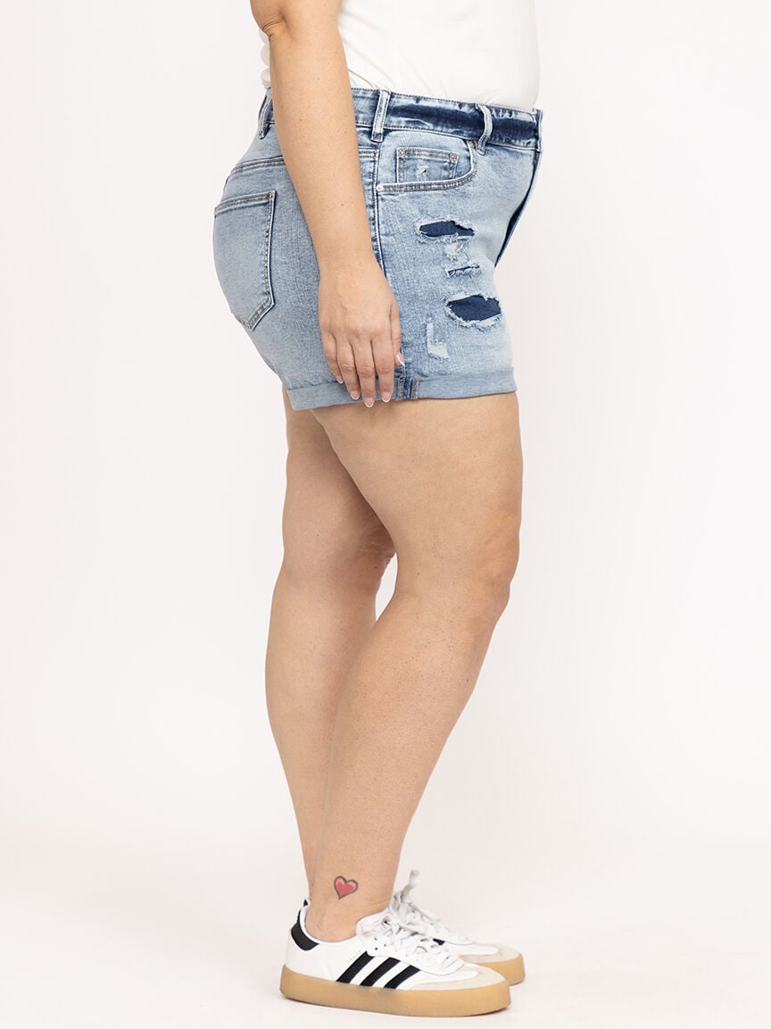 Women's Plus High Rise Rip & Repair Medium Wash Cuffed Shortie