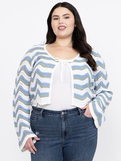 Women's Wave Stitch Tie Front Cardigan Women's Wave Stitch Tie Front Cardigan