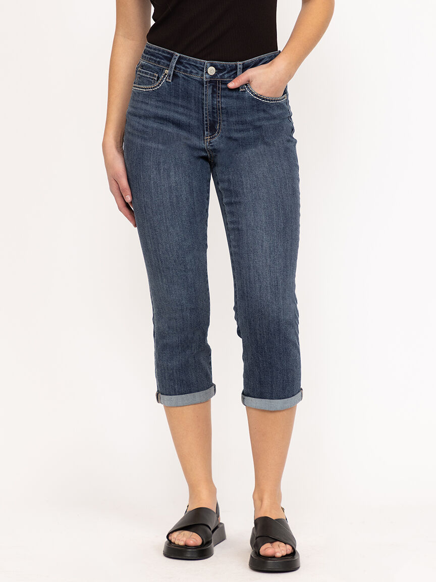 Women's Contrast Multi Thread Medium Dark Wash Jean Capri