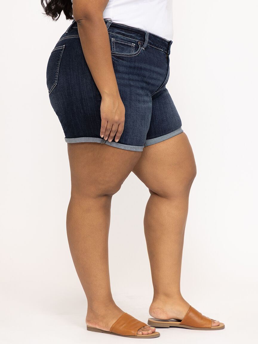 Women's Plus Dark Wash Mid Rise Double Cuffed Midi Short