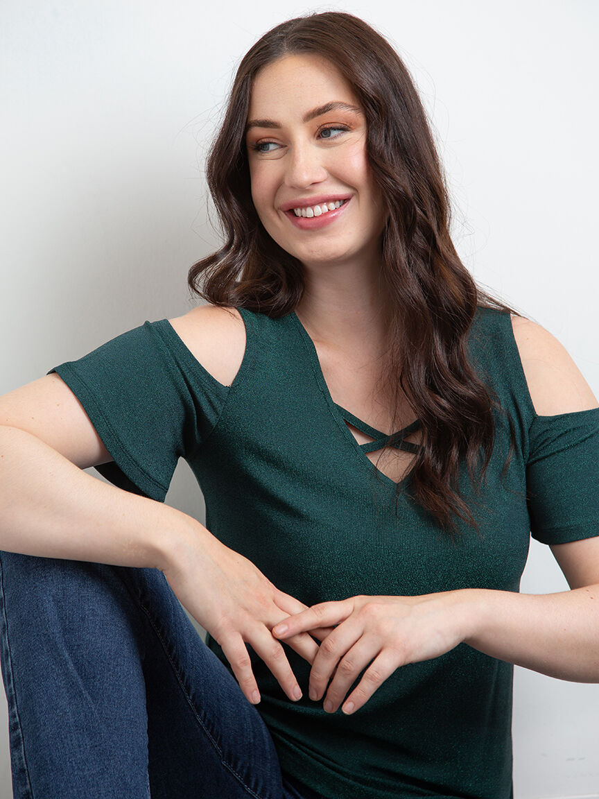 Women's Shimmer Cold Shoulder Top Warehouse One