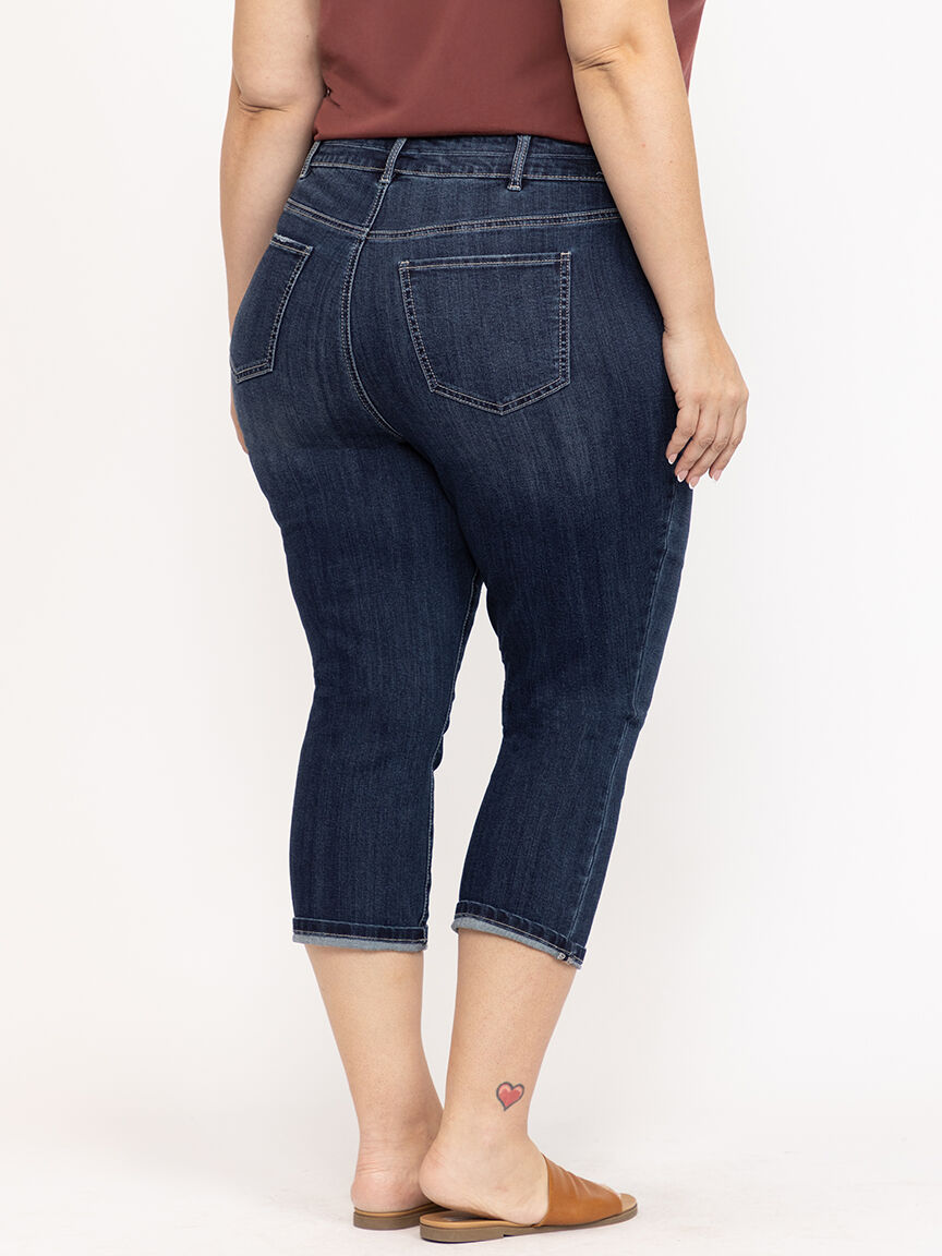 Women's Plus 2 Button Dark Wash Mid Rise Cuffed Jean Capri