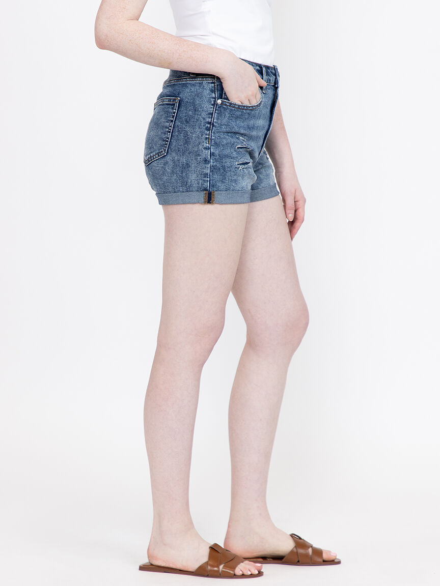 Women's High Rise Rip & Repair Medium Wash Cuffed Shortie