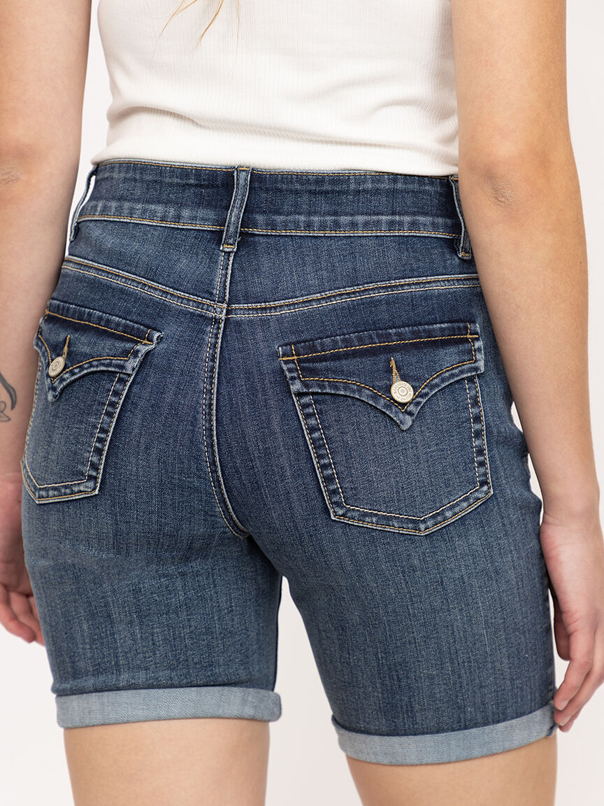 Women's 2 Button Medium Dark Wash Mid Rise Bermuda Short