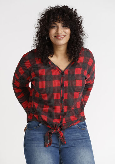 Women's Buffalo Plaid Tie Front Top, RED/BLACK