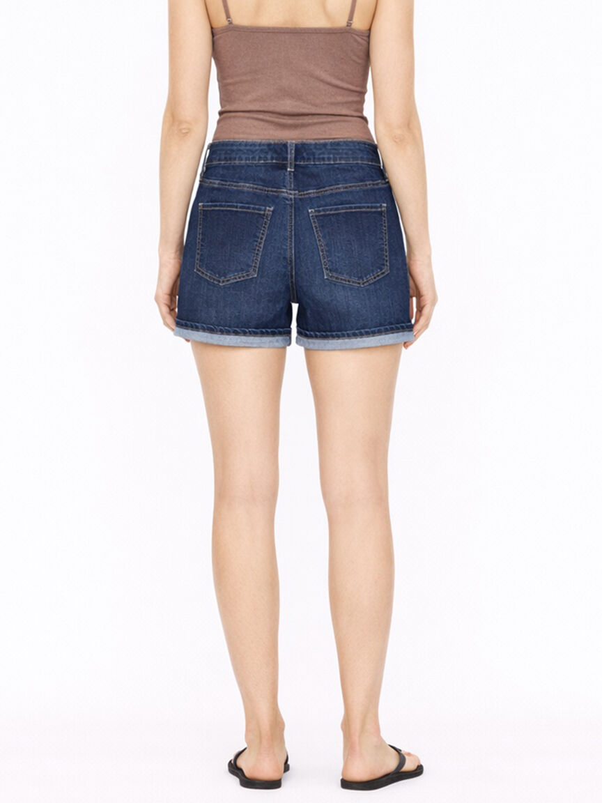 Women's Dark Wash Distress Cuffed Midi Short