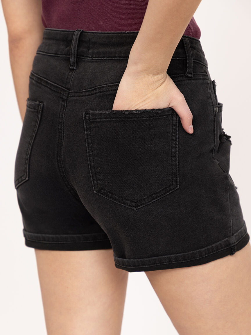 Women's High Rise Black Distress Cuffed Shortie