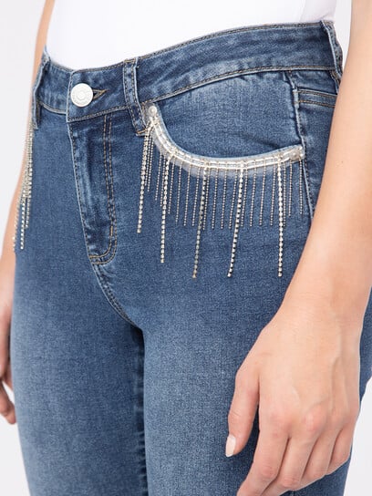 Women's Medium Wash Ankle Skinny Jeans with Rhinestone Women's Medium Wash Ankle Skinny Jeans with Rhinestone