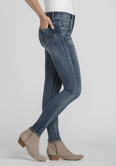 Women's Stacked Button Mid Wash Skinny Jeans Image 3
