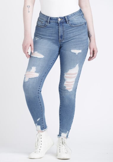 Women's High Rise Destroyed Chewed Hem Ankle Skinny Jeans
