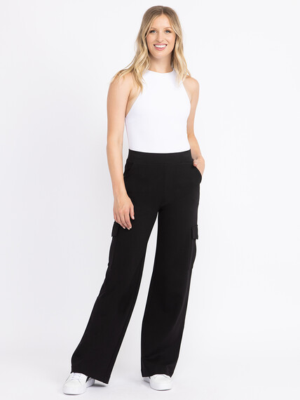 Women's  Black Pull-on Ponte Wide Leg Cargo Pant Women's  Black Pull-on Ponte Wide Leg Cargo Pant Image 1