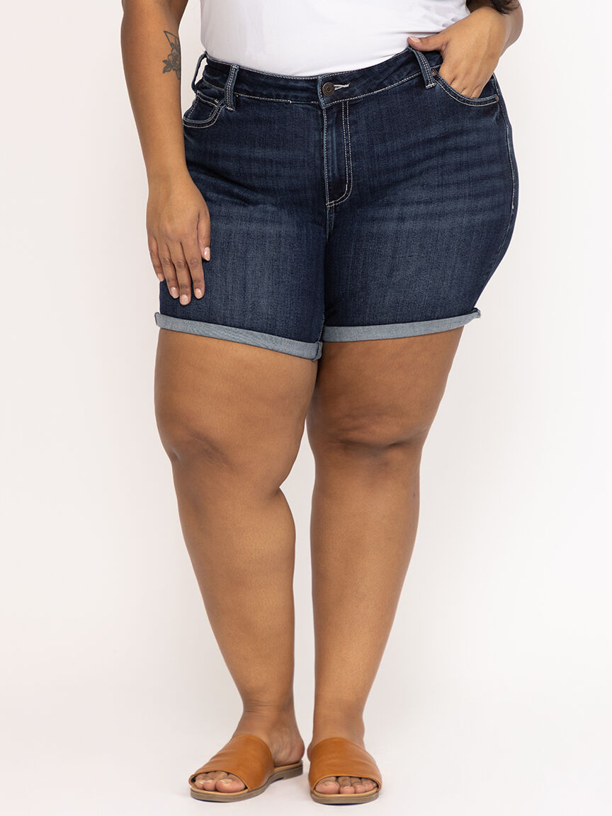 Women's Plus Dark Wash Mid Rise Double Cuffed Midi Short