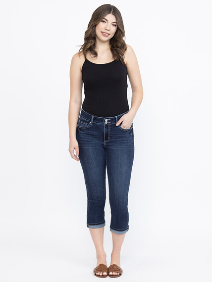 Women's 2 Button Dark Washed Jean Capri Women's 2 Button Dark Washed Jean Capri Image 1
