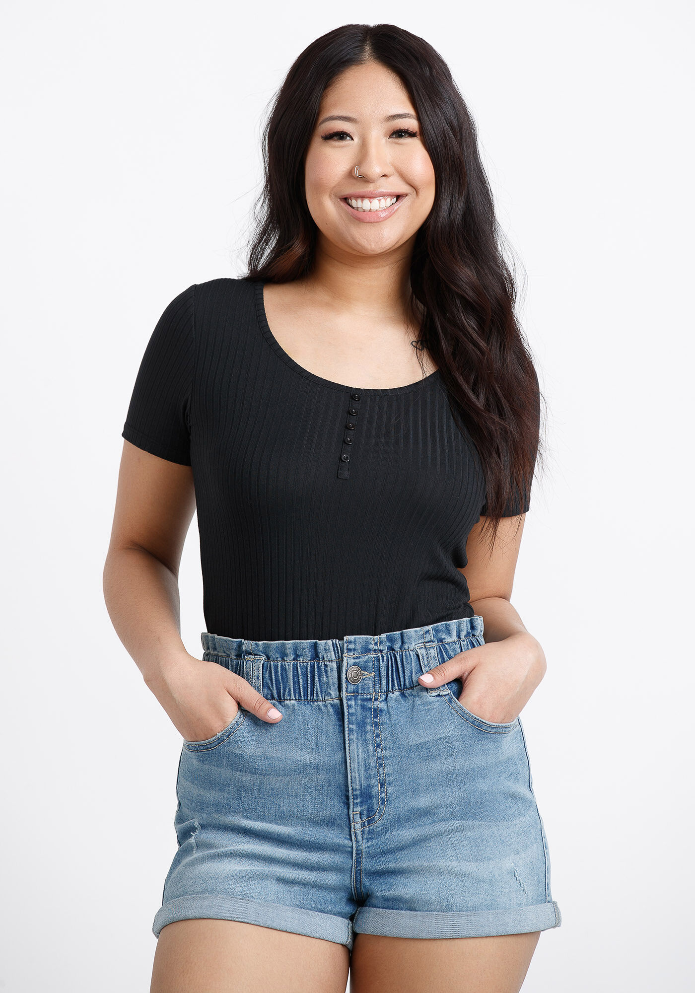 Women's Scoop Neck Ribbed Henley Tee