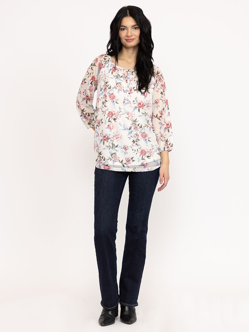 Women's Floral Mesh Peasant Top