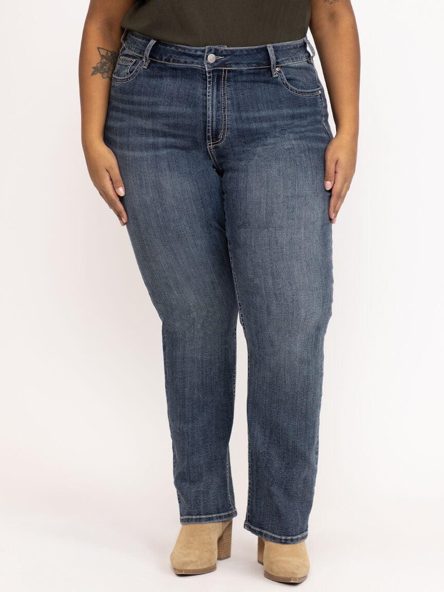 Women's Plus Medium Dark Wash Geo Embroidered Straight Jeans