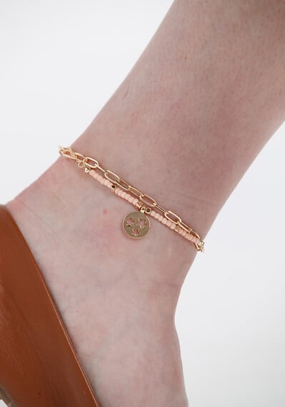 Women's Peach Bead Gold Chain Anklet Image 2