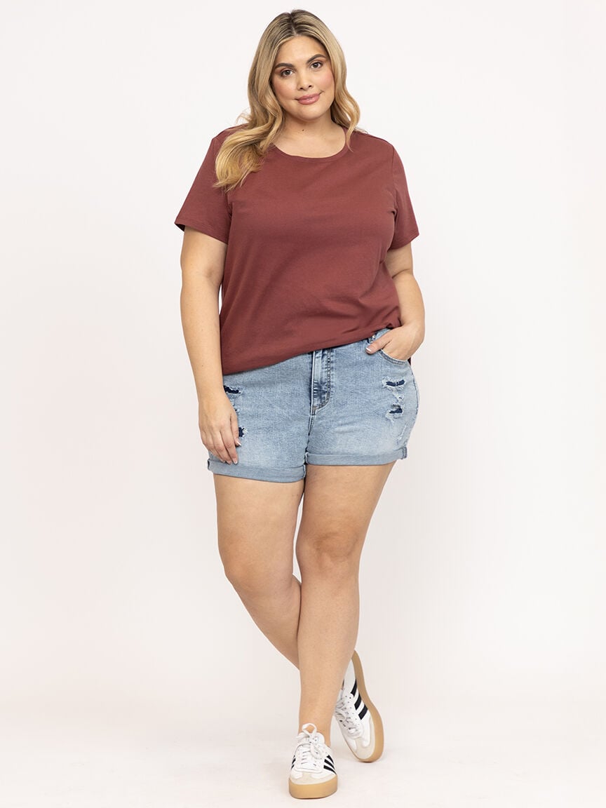 Women's Plus High Rise Rip & Repair Medium Wash Cuffed Shortie