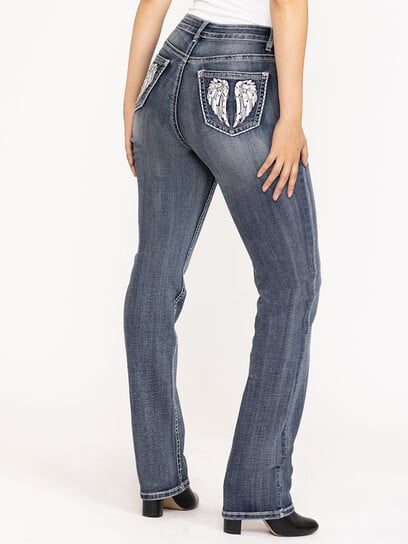 Women's Medium Dark Wash Wing Embellished Baby Boot Jeans Women's Medium Dark Wash Wing Embellished Baby Boot Jeans